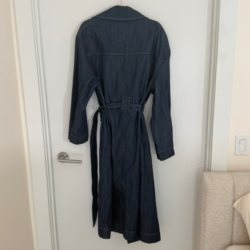 Banana Republic Denim Trench Coat Indigo Blue Belted Duster Medium Boho NWT - Picture 4 of 14